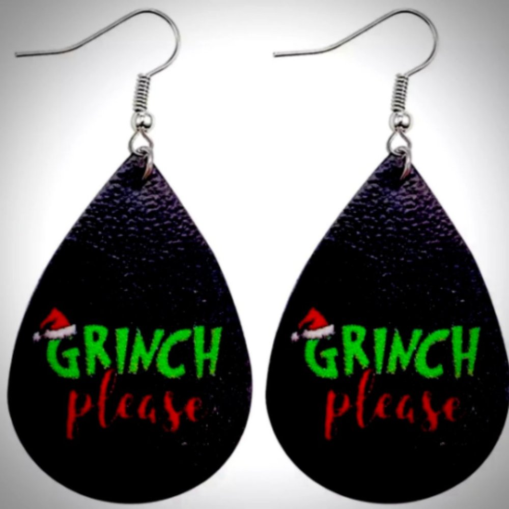Grinch Please Christmas Earrings Leather Teardrop Funny